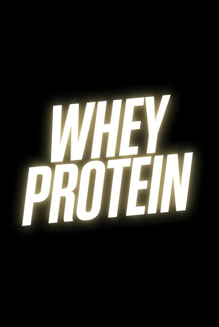 Bold WHEY PROTEIN text in uppercase on a solid black background, fitness nutrition theme