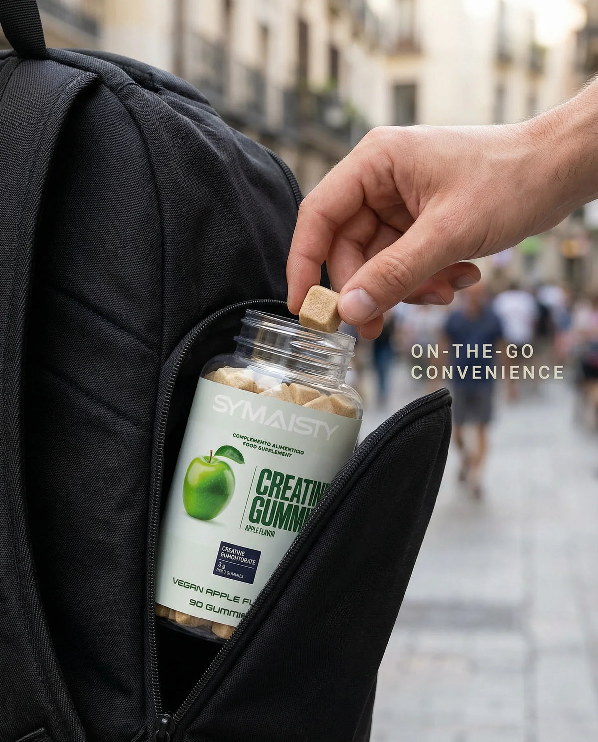 Hand taking Symaisty creatine gummies apple flavor from backpack, convenient for travel or gym