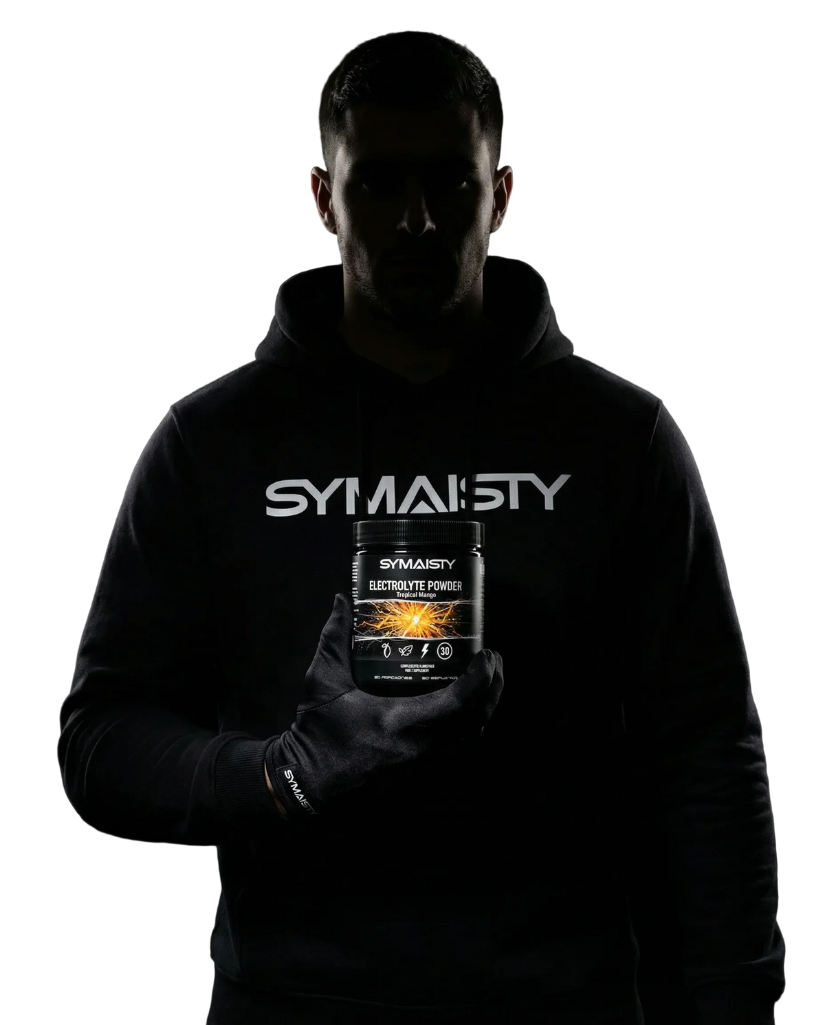 Man holding Symaisty Tropical Mango Electrolyte Powder against black background
