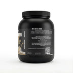 Black protein powder container with nutrition facts label and QR code, 1000g size