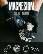 Gloved hands holding and pouring magnesium supplement capsules, 200mg, four forms: bisglycinate, citrate, malate, taurate.