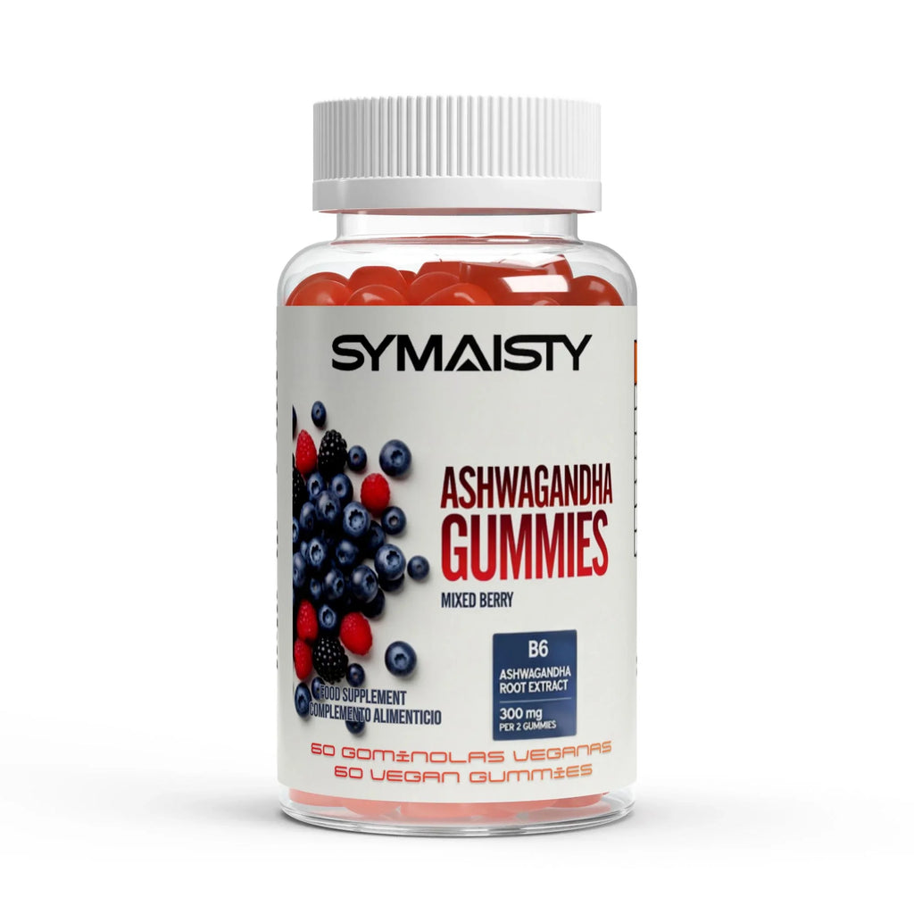 Bottle of vegan Ashwagandha mixed berry gummies with berries on label