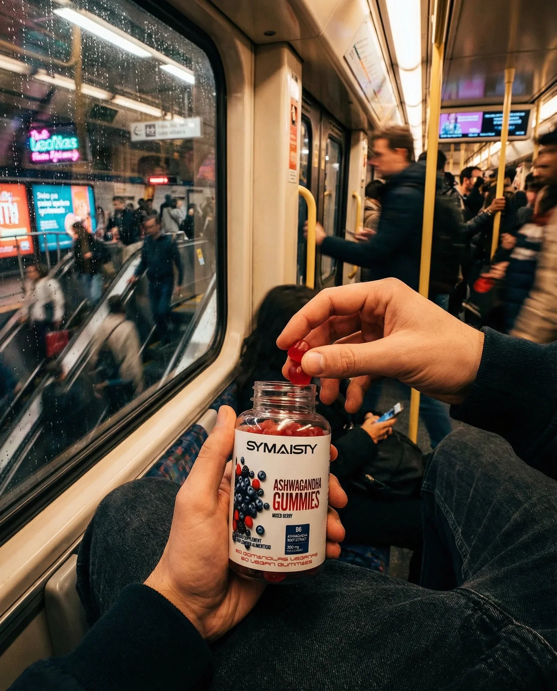 Person holding Ashwagandha B6 mixed berry gummies bottle on subway train with busy platform outside.