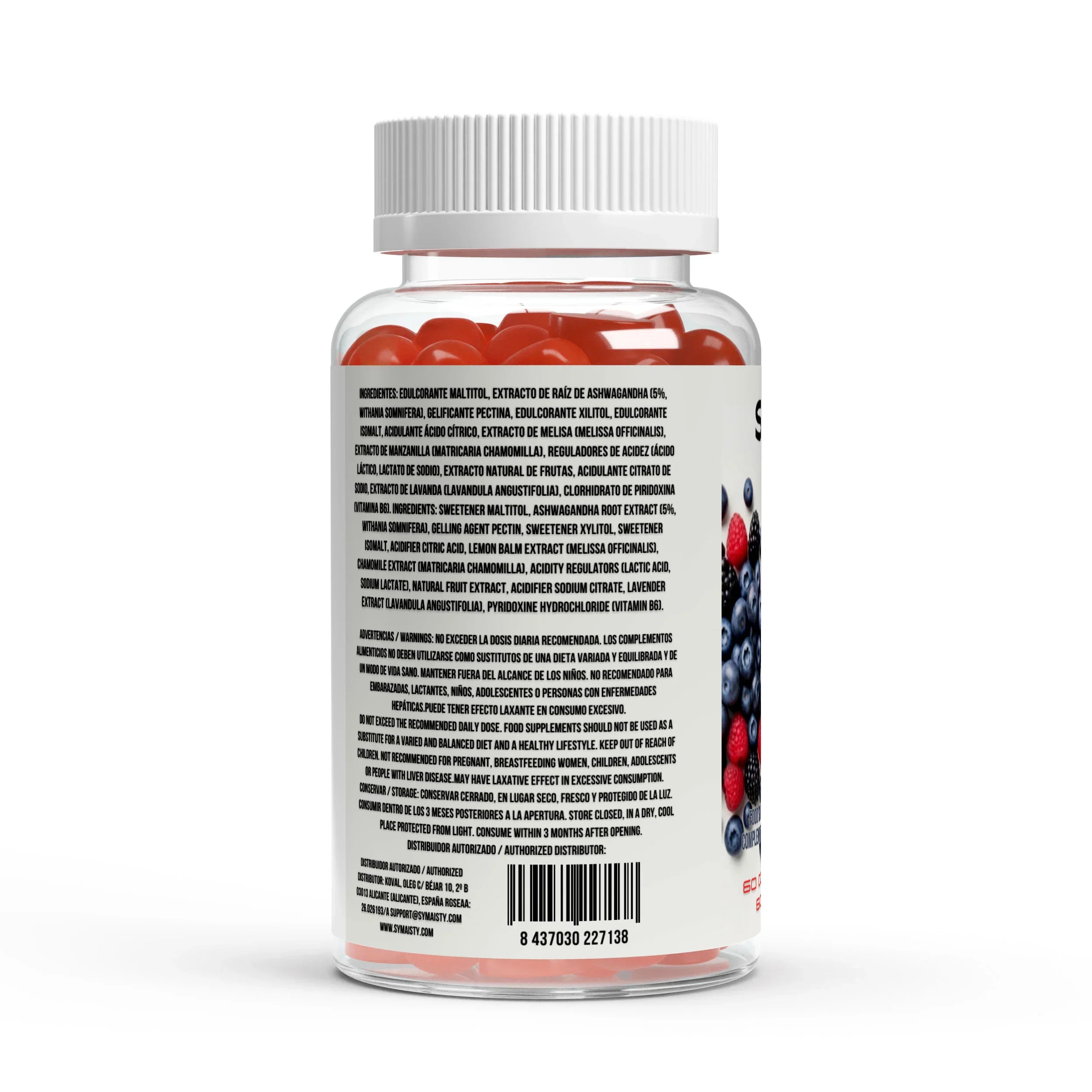 Back of a bottle of mixed berry vegan gummies with ingredients and nutrition label visible.