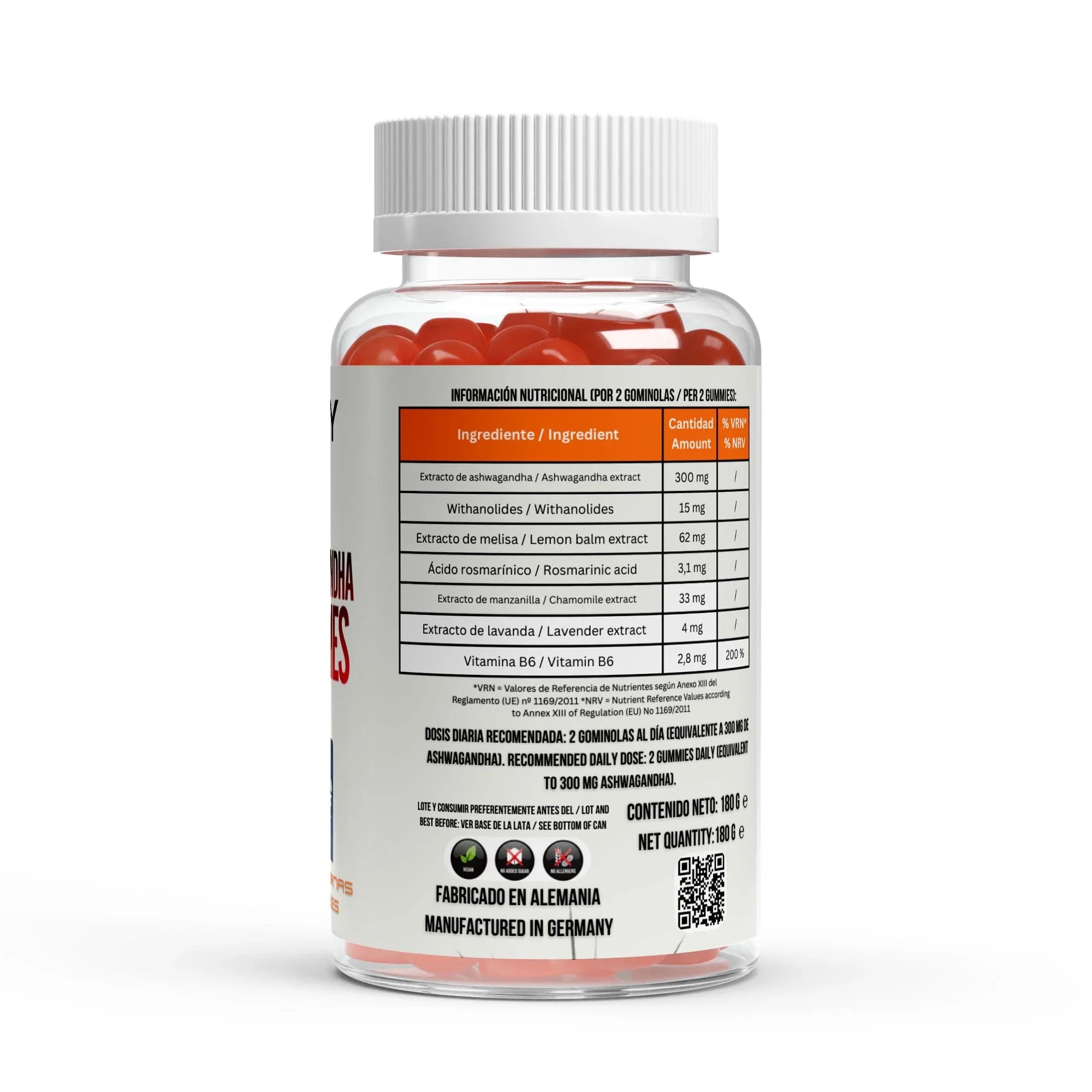 Ashwagandha B6 mixed berry vegan gummies bottle showing supplement facts and ingredients
