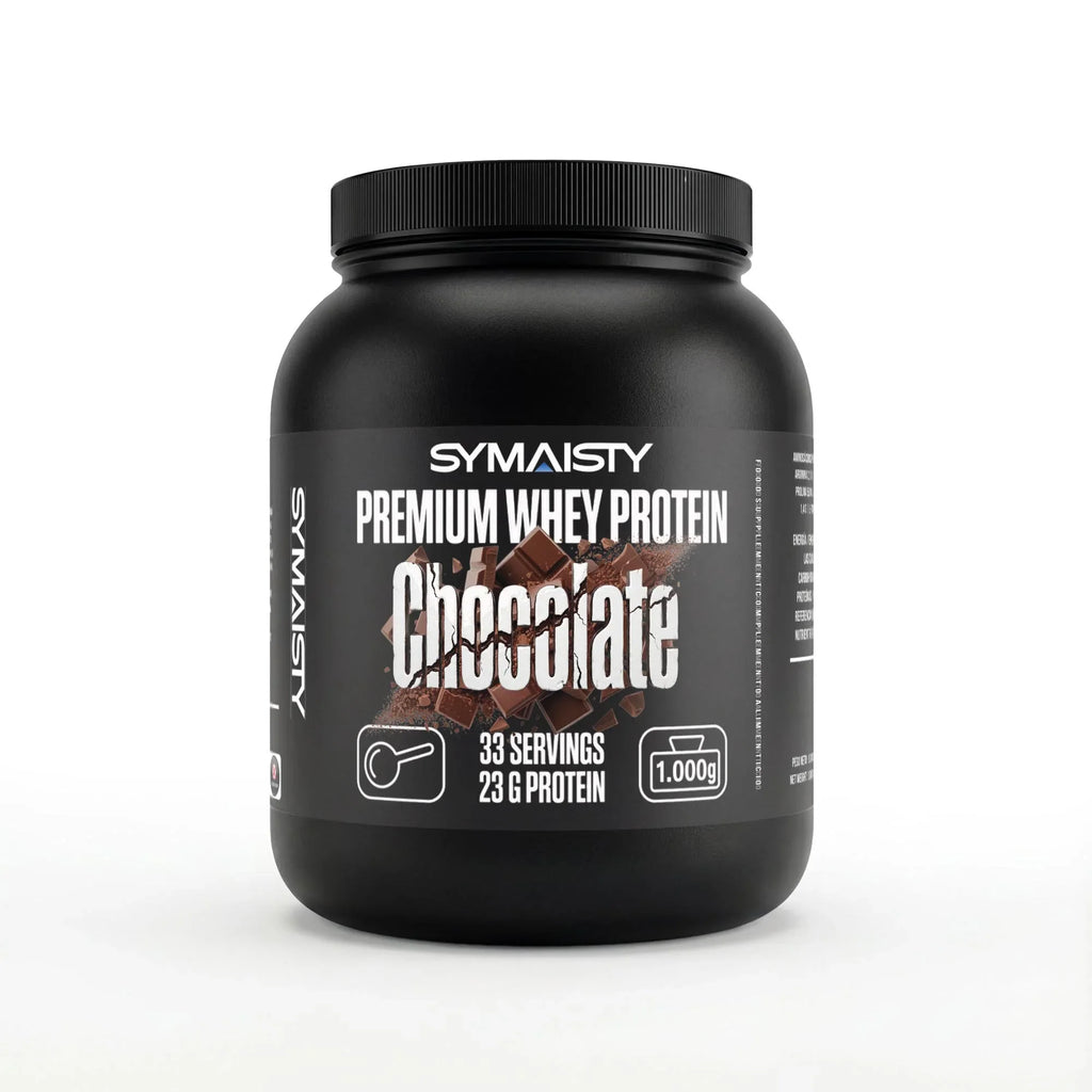 Chocolate whey protein powder tub, 1kg, 23g protein per serving, black container