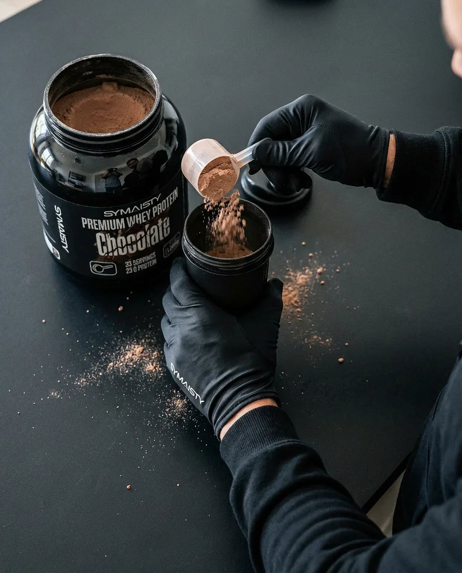 Scooping chocolate whey protein powder into a shaker with black gloves