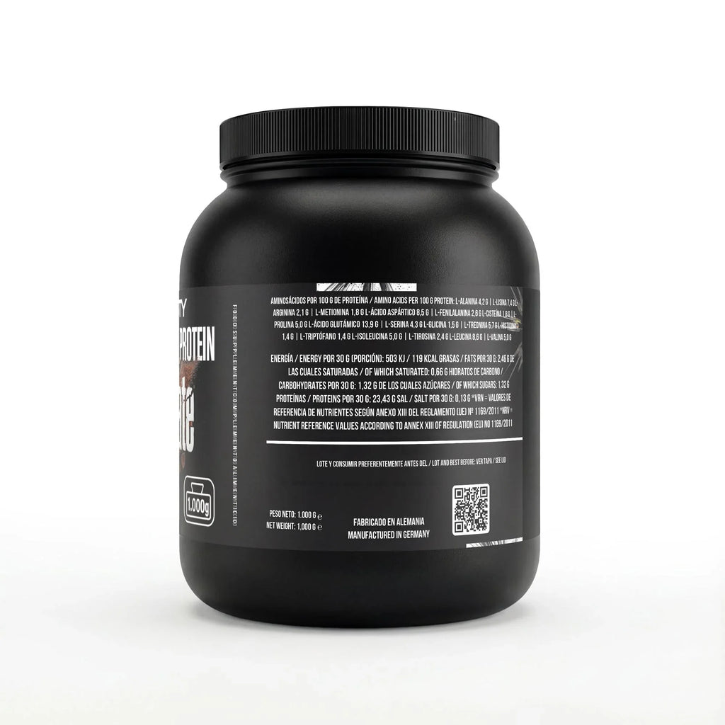 Black chocolate whey protein powder tub with nutritional facts and German text on the label