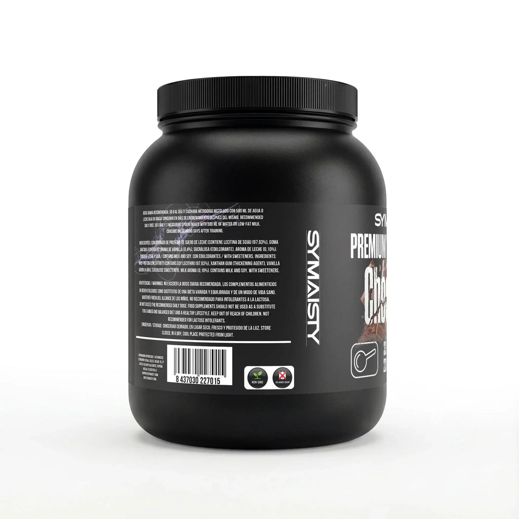 Back view of chocolate whey protein powder container with ingredient and nutrition details