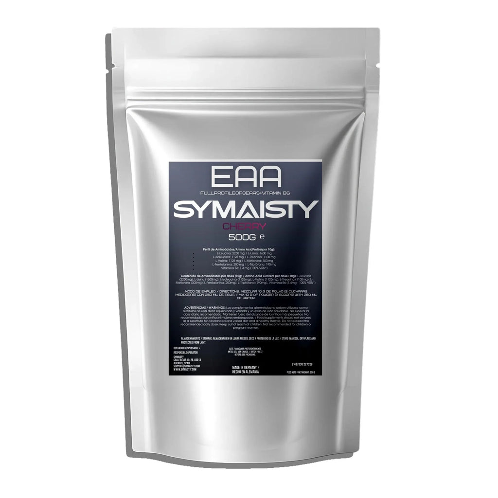 Silver pouch of EAA and vitamin B6 cherry flavor powder, 500g, with a black label.