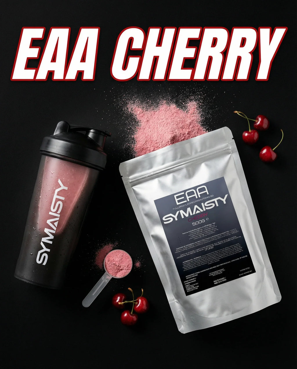 EAA cherry flavor powder with shaker, scoop, pouch, and fresh cherries on black background