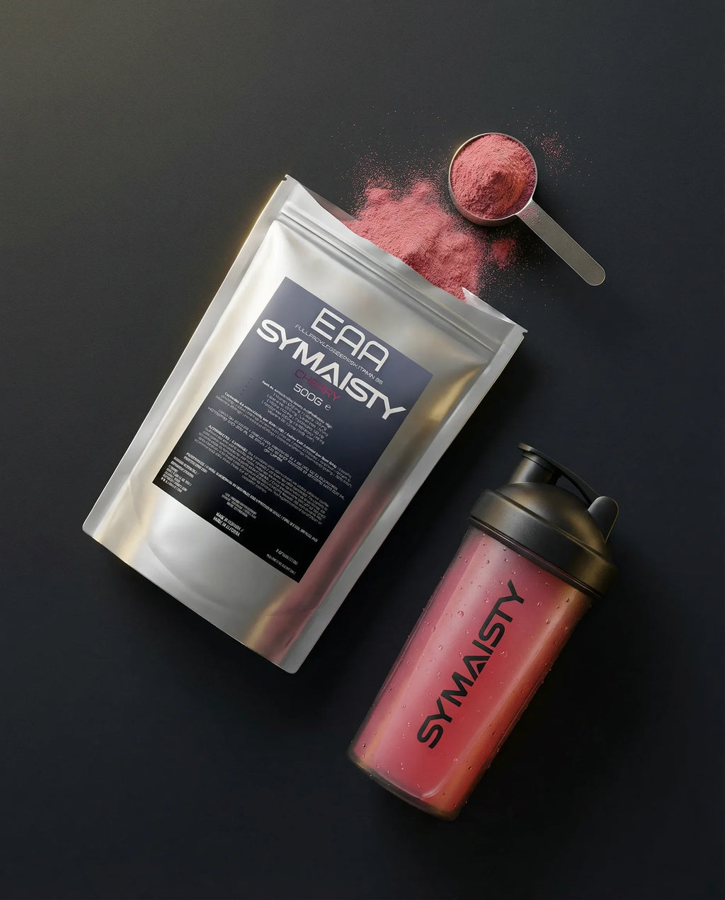 Cherry flavored EAA vitamin B6 powder in resealable pouch with measuring scoop and shaker