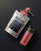 Cherry flavored EAA vitamin B6 powder in resealable pouch with measuring scoop and shaker
