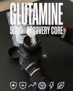 Person scooping L-glutamine powder from 500g bag for muscle recovery, black gloves, black background