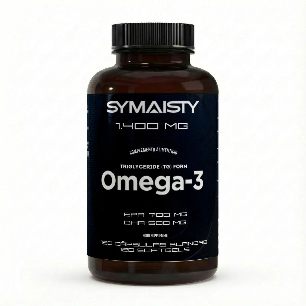 Omega-3 1400mg supplement bottle with 120 softgels, high EPA and DHA, black label