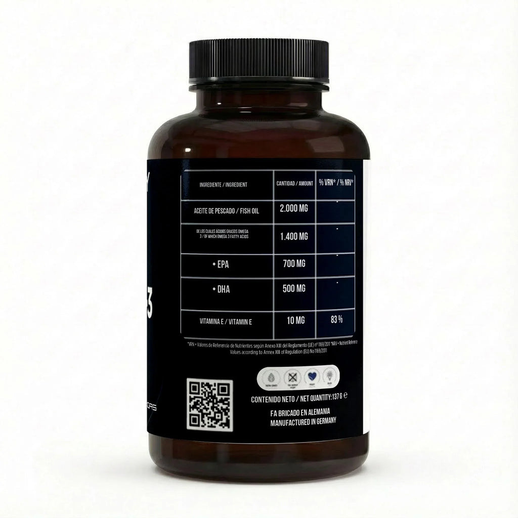 Omega-3 fish oil supplement bottle showing nutrition facts, EPA and DHA content, made in Germany