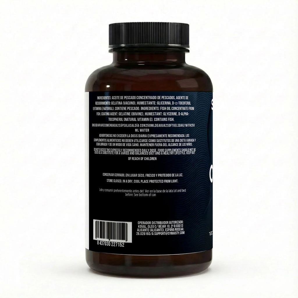Back label of an Omega-3 fish oil supplement bottle showing ingredients and barcode