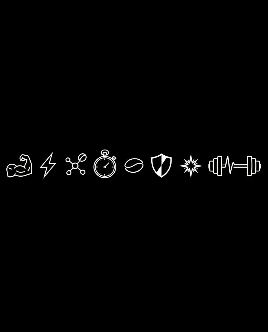 Icons for muscle, energy, molecules, stopwatch, coffee bean, shield, burst, and barbell on black background
