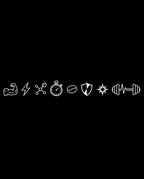 Icons for muscle, energy, molecules, stopwatch, coffee bean, shield, burst, and barbell on black background