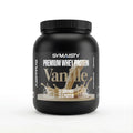 Vanilla whey protein powder container, 1000g, 23g protein per serving, black jar