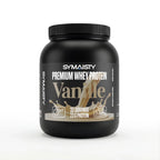 Vanilla whey protein powder container, 1000g, 23g protein per serving, black jar