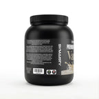 Black tub of vanilla whey protein powder with nutrition label, barcode, and icons on white background