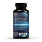Back of a black dietary supplement bottle with dosage, ingredients, and warnings label in Spanish and English.